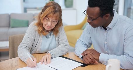 Image showing Woman, insurance deal and contract with financial advisor and retirement plan to sign. Document, female person and business analyst with information and paperwork in office for signature of will