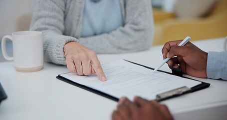 Image showing Planning, contract and consulting with hands of lawyer and client for life insurance, signature or deal. Financial advisor, legal documents and agreement with closeup of people in law firm for report