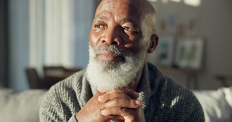 Image showing Home, thinking and senior man with depression, retirement and remember with calm, wonder and sad. Male person, mature guy and pensioner on a couch, nursing facility and old gentleman with Alzheimer