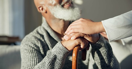 Image showing Support, walking stick and hands of senior man with a cane for help, support and old age caregiver care for patient. Healthcare, empathy and elderly person in a nursing home for medical health