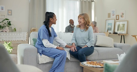 Image showing Medical, support and friends with nurse with old woman on sofa for empathy, volunteer or trust. Healthcare, retirement and rehabilitation with senior patient and caregiver in nursing home for healing