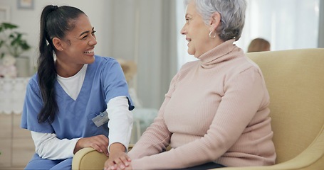 Image showing Medical, holding hands and happy with nurse with old woman on sofa for empathy, support and trust. Healthcare, retirement and rehabilitation with patient and caregiver in nursing home for healing