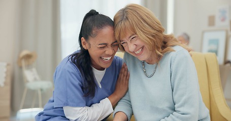 Image showing Medical, support and laugh with nurse with old woman on sofa for empathy, volunteer and trust. Healthcare, retirement and rehabilitation with senior patient and caregiver in nursing home for healing