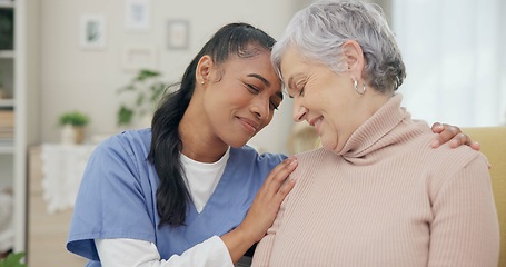 Image showing Medical, support and happy with nurse with old woman on sofa for empathy, volunteer and trust. Healthcare, retirement and rehabilitation with senior patient and caregiver in nursing home for healing