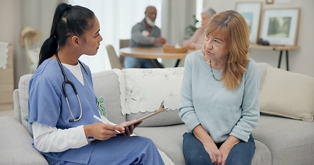 Image showing Senior woman with nurse, questions and clipboard with caregiver and elderly care, checklist and health insurance. Medical paperwork, female people and conversation with choice, list and homecare