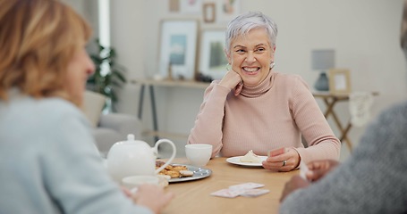 Image showing Tea, happy and retirement with friends and playing cards in living room for relax, diversity and poker. Games, smile and community with group of old people in nursing home for party and celebration