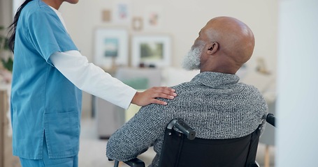 Image showing Senior man, wheelchair and support with nurse help and healthcare in retirement home. Caregiver, employee and elderly care with person with disability with patient ready for physiotherapy with man