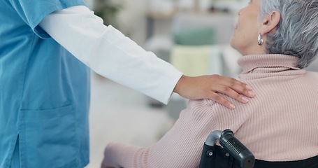 Image showing Senior woman, wheelchair and hand with support with nurse help and healthcare in retirement home. Caregiver, employee and elderly care with person with disability with patient ready for physiotherapy