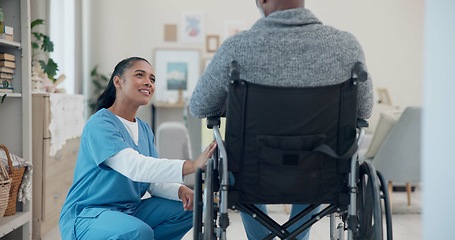 Image showing Senior man, wheelchair and medical support with nurse help and healthcare in retirement home. Caregiver, employee and elderly care with person with disability with patient ready for physiotherapy