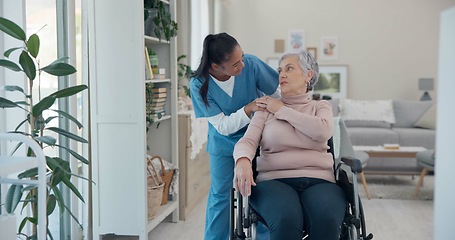 Image showing Caregiver, elderly woman and talking about wheelchair support discussion, geriatric senior care or old age disability. Nursing home conversation, disabled or nurse help retirement patient with moving