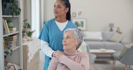 Image showing Caregiver, disabled and elderly woman with wheelchair for support, geriatric senior care or old age movement disability. Thinking, nursing home view and nurse helping retirement patient with moving
