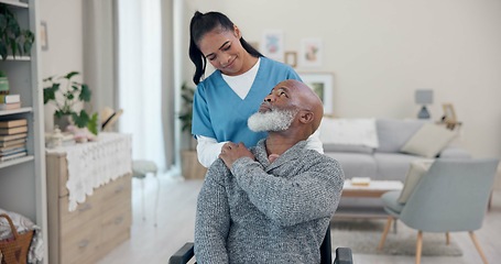 Image showing Senior man, wheelchair and woman support with nurse help and healthcare in retirement home. Caregiver, employee and elderly care with person with disability with patient ready for physiotherapy