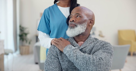 Image showing Senior man, wheelchair and sad with nurse support and healthcare in retirement home. Caregiver, employee and elderly care with male person with disability with patient ready for medical surgery