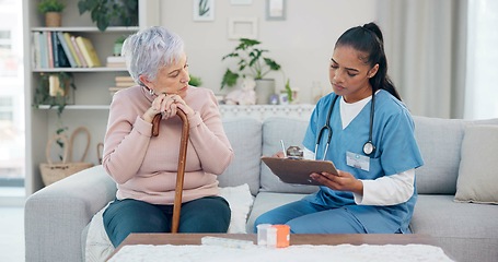 Image showing Clipboard, senior woman and nurse talking, ask question or writing client info, medical summary or healthcare survey. Checklist, home and retirement caregiver speaking to elderly patient about pills