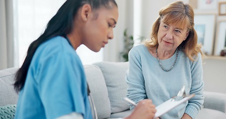 Image showing Clipboard, senior woman talking or nurse writing answers, ask question or check healthcare info, medical summary or survey. Questionnaire, retirement home or caregiver consulting with elderly patient