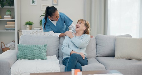 Image showing Caregiver, conversation and happy elderly woman speaking, chat and discussion about support, senior care or health service. Retirement healthcare, nursing home help and nurse talking to relax patient