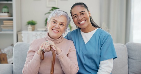 Image showing Caregiver portrait, disabled and elderly woman with walking stick for support, help or old age movement disability. Retirement healthcare, nursing home smile or face of relax senior patient with cane