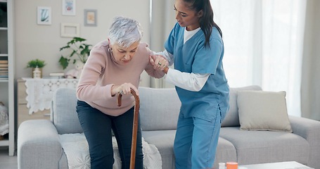 Image showing Caregiver support, disabled and old woman with walking stick for help, senior wellness care or old age movement disability. Retirement, nursing home volunteer or nurse helping patient with getting up