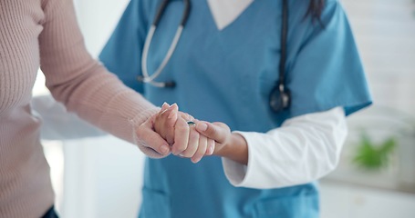 Image showing Nurse, disabled and old person holding hands for walking support, elderly care or movement disability. Closeup rehabilitation service, retirement home physiotherapy and caregiver help senior patient