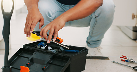 Image showing Repair, maintenance and man with box of tools for home construction, fixing and kitchen plumbing. Manual labor, DIY plumber and handyman pack equipment after working on sewer pipe, sink and faucet