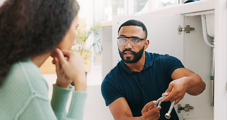 Image showing Plumber black man, woman and maintenance talk in kitchen for sink pipe with customer support in home. Entrepreneur handyman, plumbing or small business owner with consulting for fixing water system