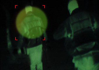 Image showing Military, enemy and target in night vision, overlay or dark green silhouette of spy, agent or terrorist risk to soldier. Police, surveillance and people in infrared security scope for army mission