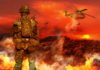 Image showing Military, helicopter and soldier by explosion for service, battlefield or fight in forest with army uniform and protection. Warzone, warrior and person in camp look at apocalypse in woods for defence