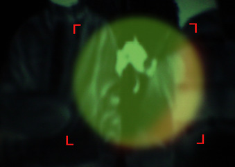 Image showing Military, enemy and target in night vision, overlay or dark green silhouette of spy, agent or terrorist risk to soldier. Police, surveillance and security people in infrared scope for army mission