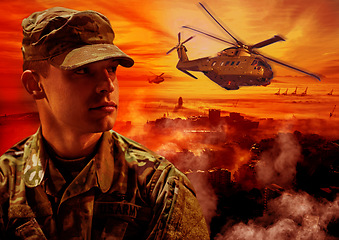 Image showing Explosion, military and soldier with helicopter and fire in warzone for service, defence and battle in camouflage. Apocalypse, conflict and face of person in army uniform for fight and action in city