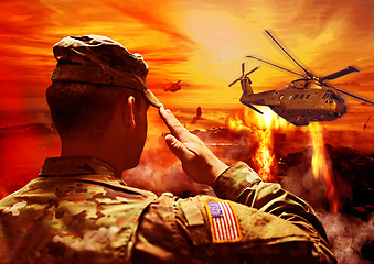 Image showing Soldier, war and a man with a salute for a helicopter, military training and fire during a battle. Back, nature and an army veteran with respect for navy transport on the battlefield for a mission