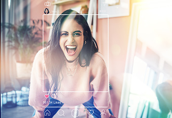 Image showing Excited, woman portrait and image overlay on social media app of influencer face and photography. Frame, internet and graphic with home page of profile and networking software with screen display