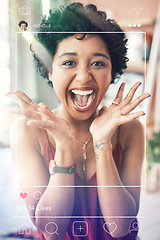 Image showing Excited, woman portrait and social media app overlay of influencer face and photography for website. Frame, internet and graphic with home page of profile and networking software with screen display