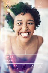 Image showing Photo post, woman portrait and social media app overlay of influencer face and photography for web. Frame, internet and graphic with home page of profile and networking software with screen display