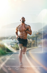 Image showing Fitness, running and man with social media overlay for online post, sports blog and update. Mockup, wellness and person with frame on street for exercise, training and workout for cardio outdoors