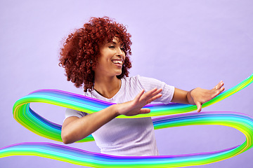 Image showing Woman, color or hologram with dancing, motion or celebration on a purple studio background. Person, model or girl with energy, holographic or move with achievement, motivation or wave with creativity