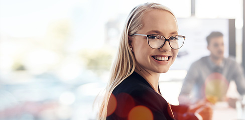 Image showing Portrait, business and woman with glasses, smile or professional with confidence, banner or bokeh. Face, happy person or consultant in a workplace, overlay or employee with success, career or meeting