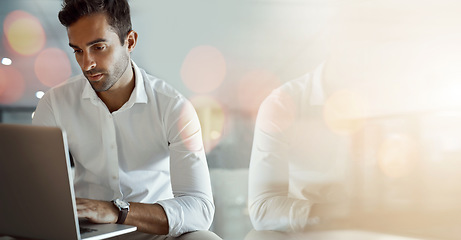 Image showing Laptop, research and businessman in office with mockup space and bokeh banner for advertising. Technology, working and professional male designer on computer in workplace with mock up for marketing.