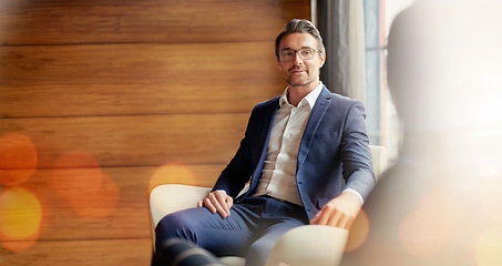 Image showing Meeting, space and double exposure with a business man in the office for planning or strategy discussion. Corporate, collaboration and professional employee in the boardroom for a workshop or seminar