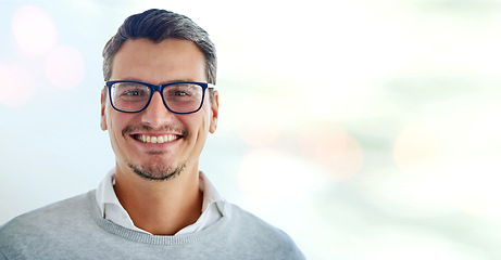 Image showing Business, portrait and happy mature man in office with confidence, ambition and good mood with mockup. Face, smile and cheerful male boss excited for startup, agency or company, career or goals