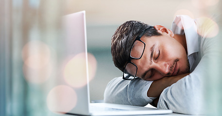 Image showing Work, burnout and business man sleeping on laptop in office tired, exhausted and low energy. Startup, fatigue and male manager sleep while working online, sleep or nap, fail or mistake, lazy or bored