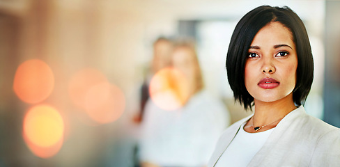 Image showing Portrait, business and woman with a career, banner and professional with confidence, office and formal. Face, person or consultant in a workplace, overlay or company development with success or bokeh