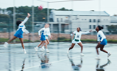 Image showing Sports, netball team player and women running, cardio or challenge for ball, competition and play active game. Motion blur, outdoor tournament and group workout, exercise and player training together
