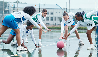 Image showing Sports, ball and team netball competition, practice and women playing game, court challenge or winter match. Fitness, teamwork and group workout, tournament and athlete action, exercise or training