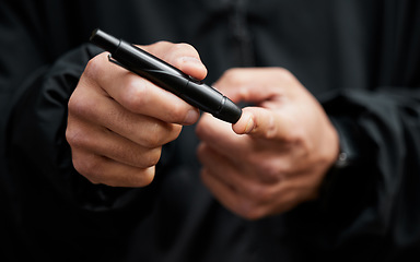 Image showing Hands, person and test blood sugar for diabetes, health analysis and medical glucometer results. Closeup, finger and wellness with needle to check insulin, measure glucose risk and diabetic medicine