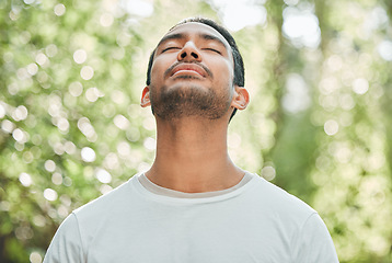 Image showing Breathing, mean and relax with peace in nature for exercise, workout or meditation for zen after fitness for spiritual wellness. Calm, athlete and freedom in environment and training mindfulness