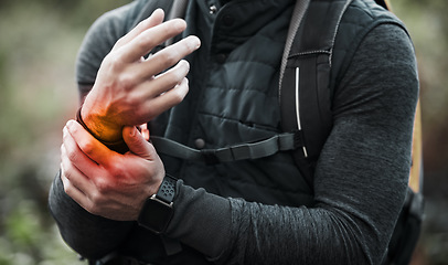 Image showing Wrist, pain and hands of man in sports, outdoor and hiking with a medical accident, crisis or problem with anatomy in red glow. Training, injury and athlete or trauma to muscle, joint or hand