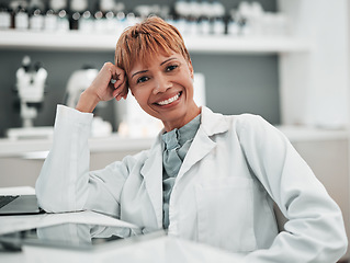 Image showing Portrait, science and smile of woman doctor in the lab for research, innovation or breakthrough. Medical, study and a happy mature scientist working in a laboratory for pharmaceutical development