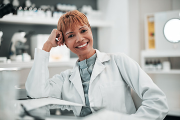 Image showing Portrait, science and smile of woman doctor in the laboratory for research, innovation or breakthrough. Medical, study and a happy mature scientist working in a lab for pharmaceutical development