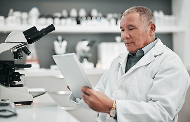 Image showing Reading, research and scientist in lab with tablet, tech and planning for healthcare, medicine and pharmaceutical study. Online, search and man in science laboratory with analysis of results report