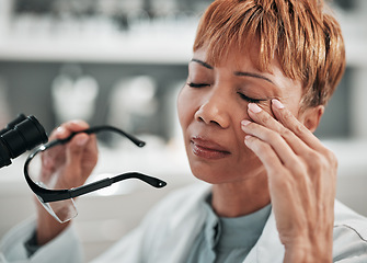 Image showing Stress, headache and science woman in the laboratory closeup with burnout during research or innovation. Anxiety, mental health and fail with a mature doctor in a lab for experiment or investigation